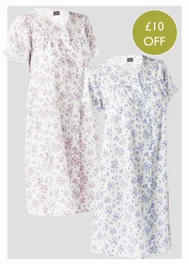 2 Pack Short Sleeve VELCRO® Brand Front Opening Nightdresses Bundle