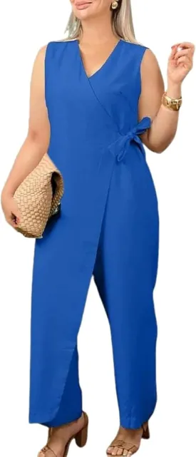 2025 New Women's Casual V-neck Cross Strap Jumpsuit, Summer Sleeveless High Waist Wide Leg One Piece Outfits