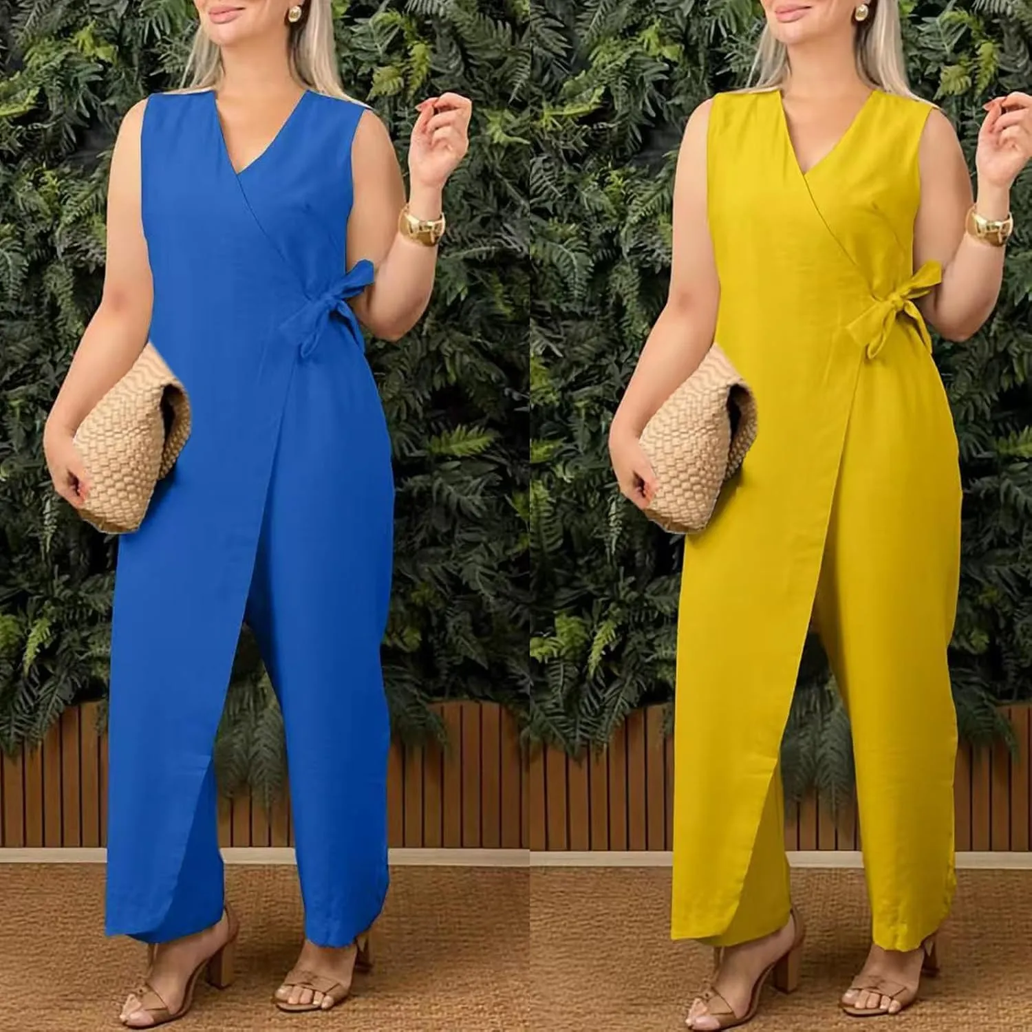 2025 New Women's Casual V-neck Cross Strap Jumpsuit, Summer Sleeveless High Waist Wide Leg One Piece Outfits
