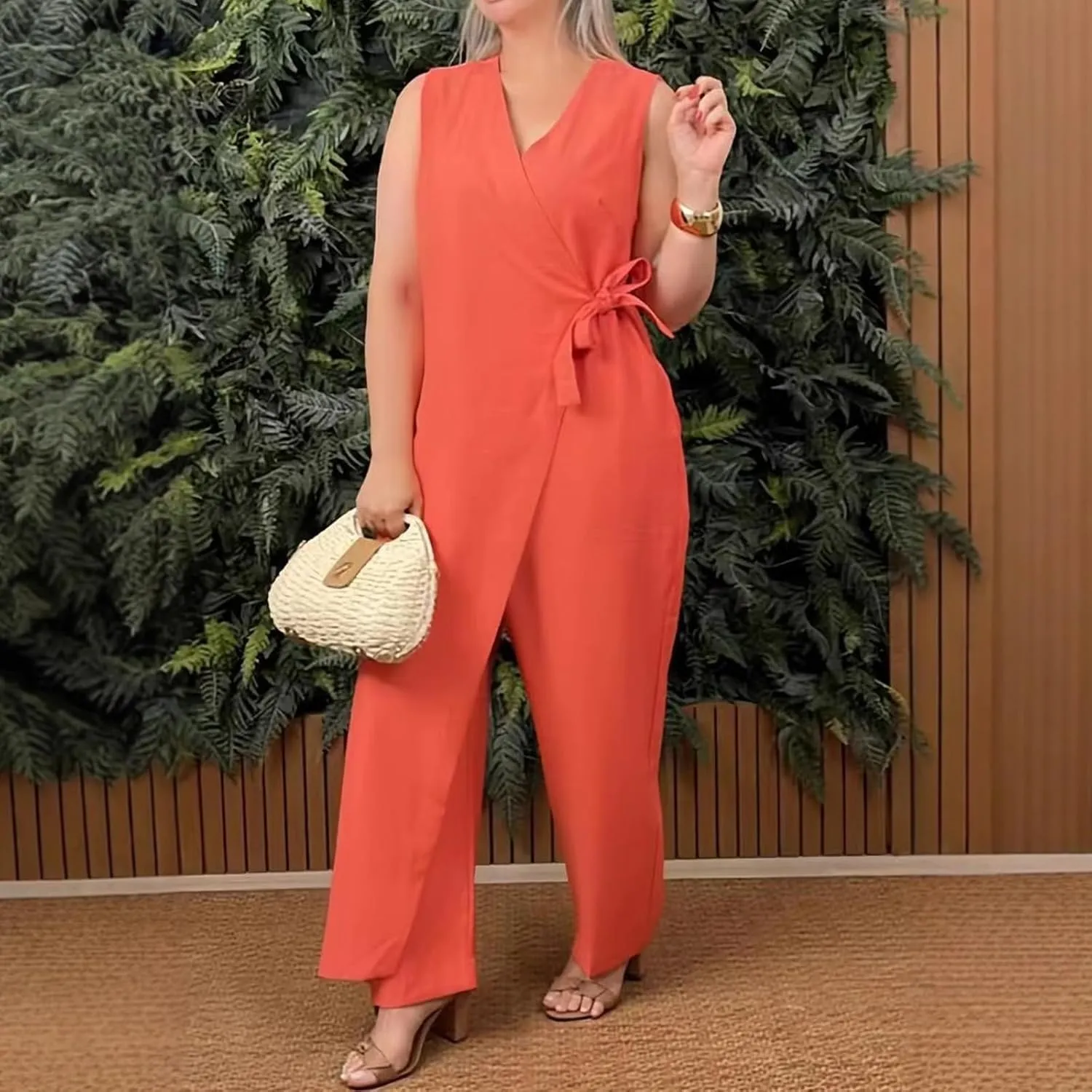 2025 New Women's Casual V-neck Cross Strap Jumpsuit, Summer Sleeveless High Waist Wide Leg One Piece Outfits