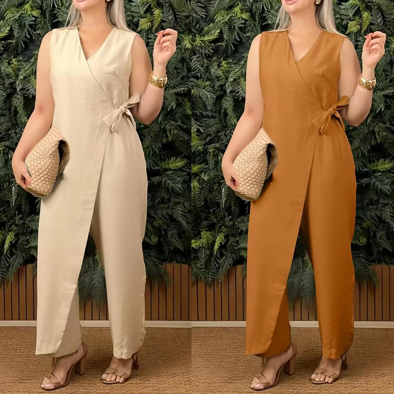 2025 New Women's Casual V-neck Cross Strap Jumpsuit, Summer Sleeveless High Waist Wide Leg One Piece Outfits