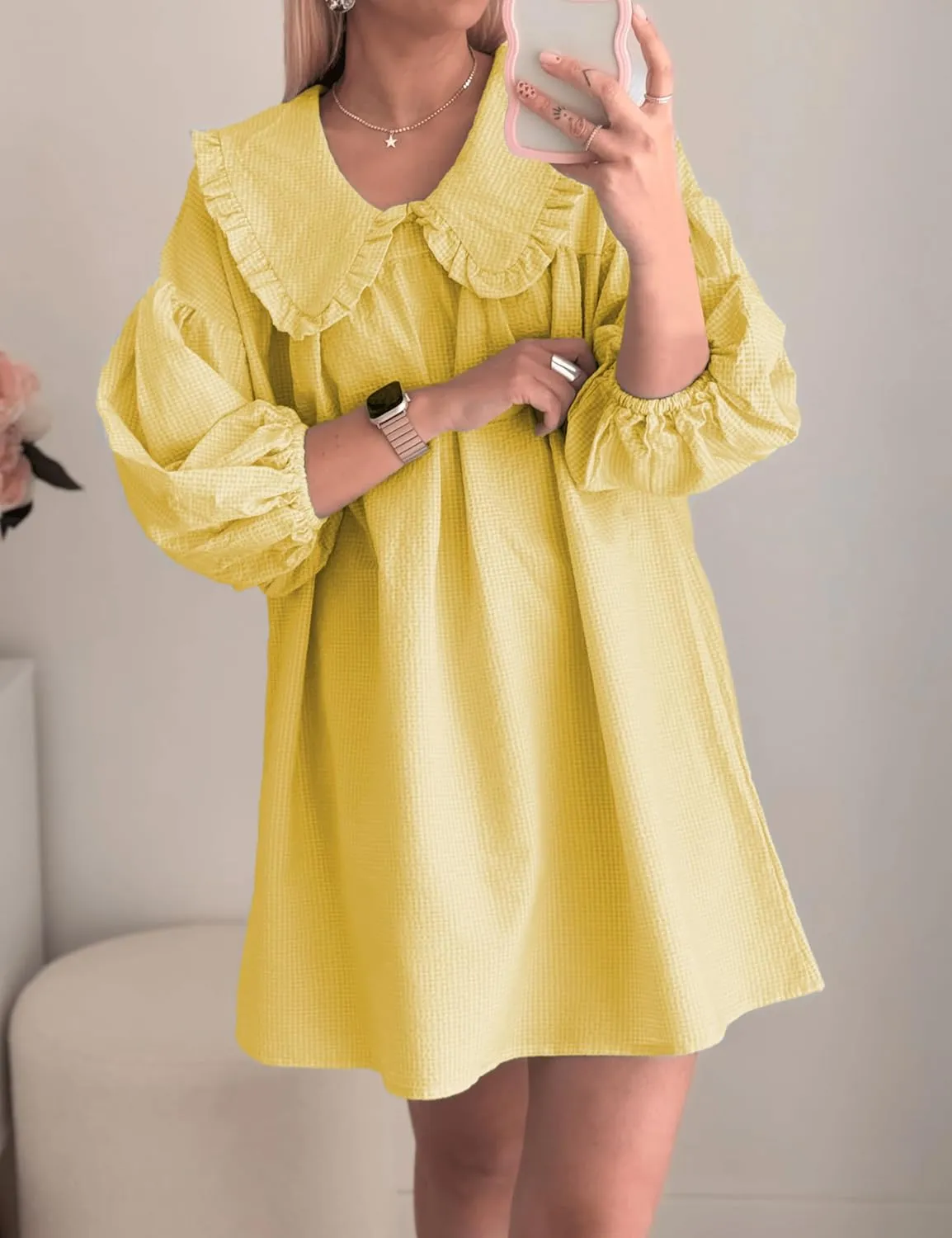 2025 Women's Babydoll 3/4 Puff Sleeve Plaid Mini Dress Lapel Doll Collar Loose Y2k Dress