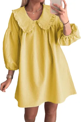 2025 Women's Babydoll 3/4 Puff Sleeve Plaid Mini Dress Lapel Doll Collar Loose Y2k Dress