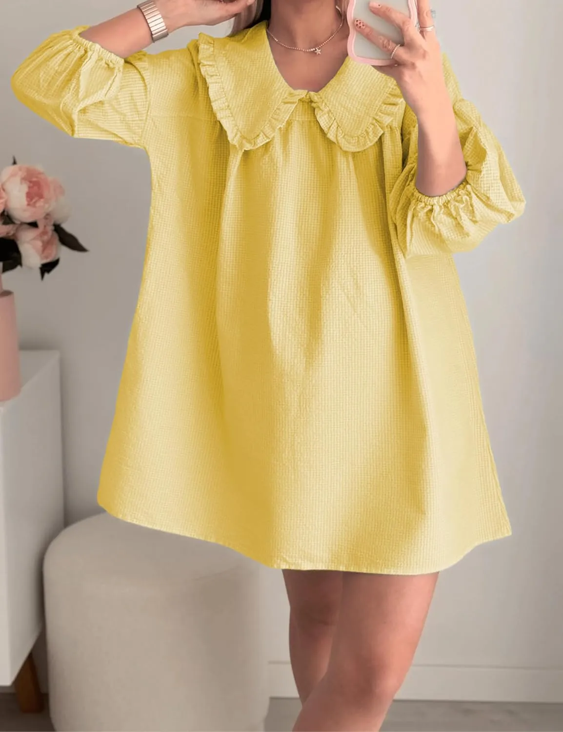 2025 Women's Babydoll 3/4 Puff Sleeve Plaid Mini Dress Lapel Doll Collar Loose Y2k Dress