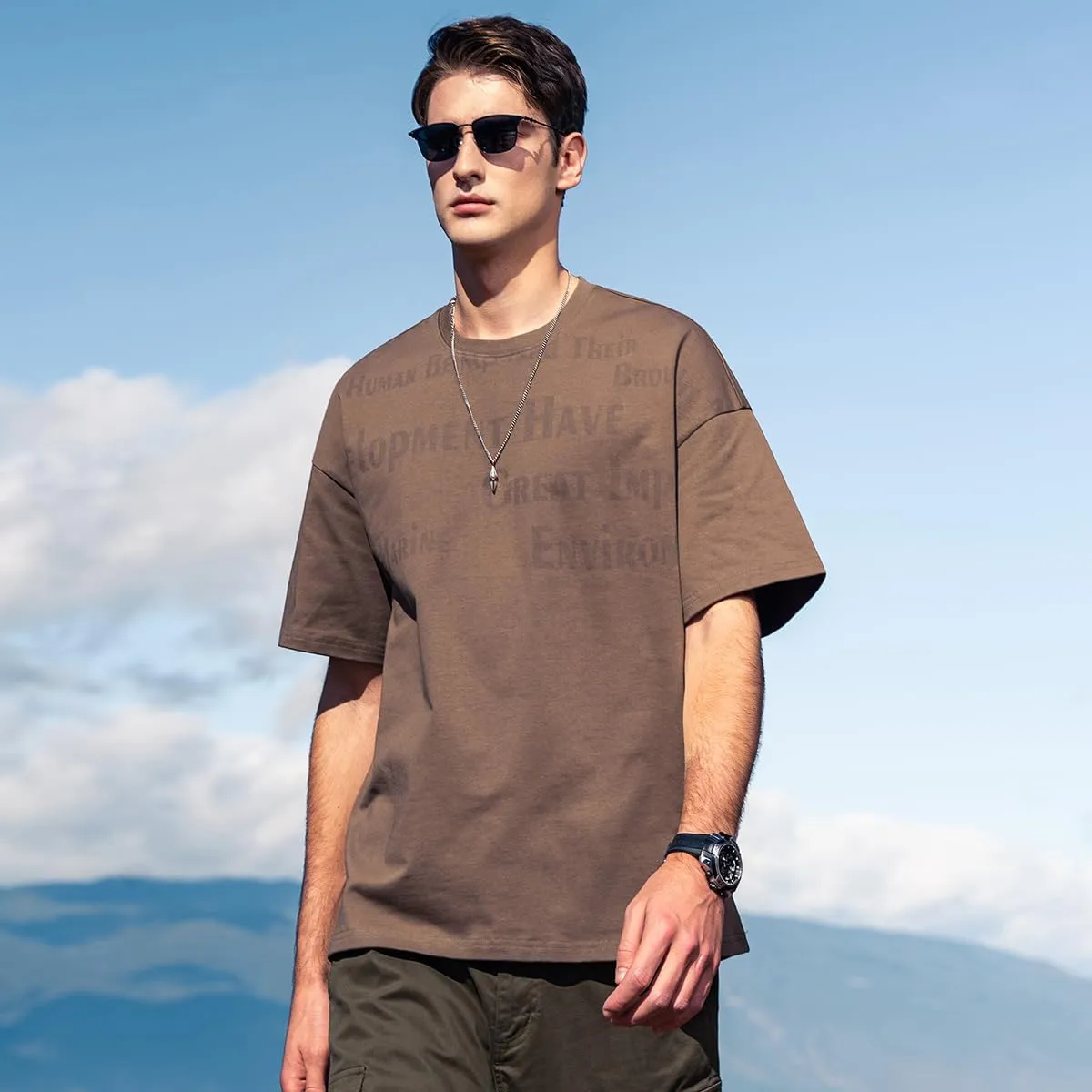 270G Heavyweight Seamless Water Pulp Printed Short-Sleeved T-Shirt Men's Trendy Letter Loose Drop Pure Cotton T-Shirt