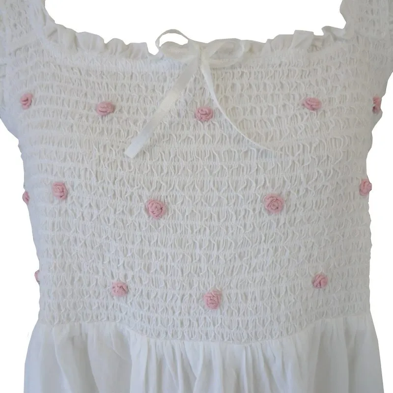 Ava Smocked Bodice Strappy Nightdress White with Pink Rosebuds