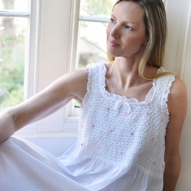 Ava Smocked Bodice Strappy Nightdress White with Pink Rosebuds