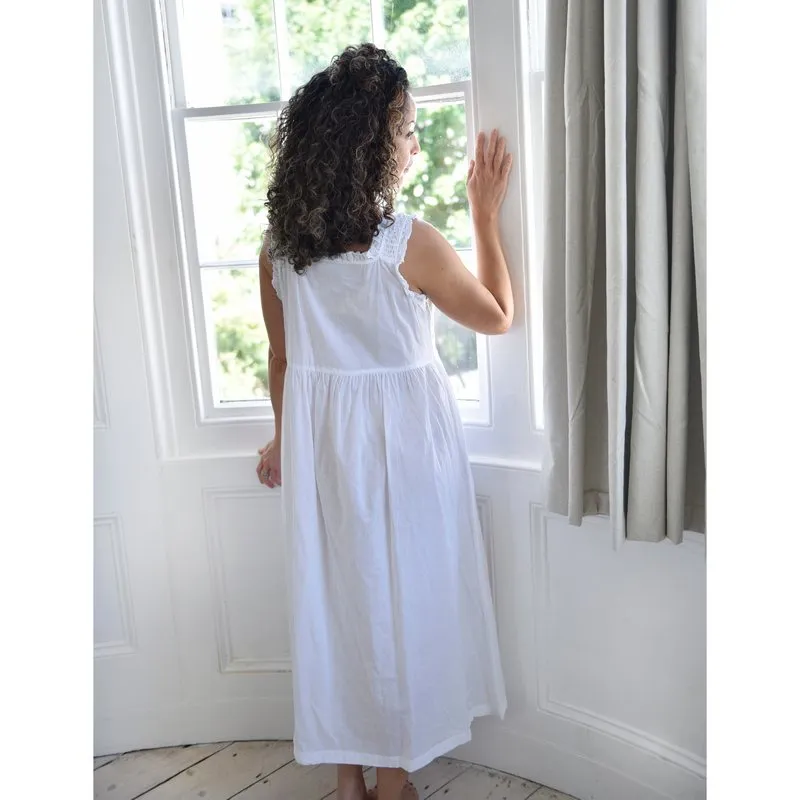 Ava Smocked Bodice Strappy Nightdress White with Pink Rosebuds
