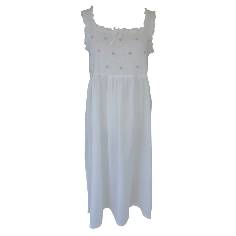 Ava Smocked Bodice Strappy Nightdress White with Pink Rosebuds