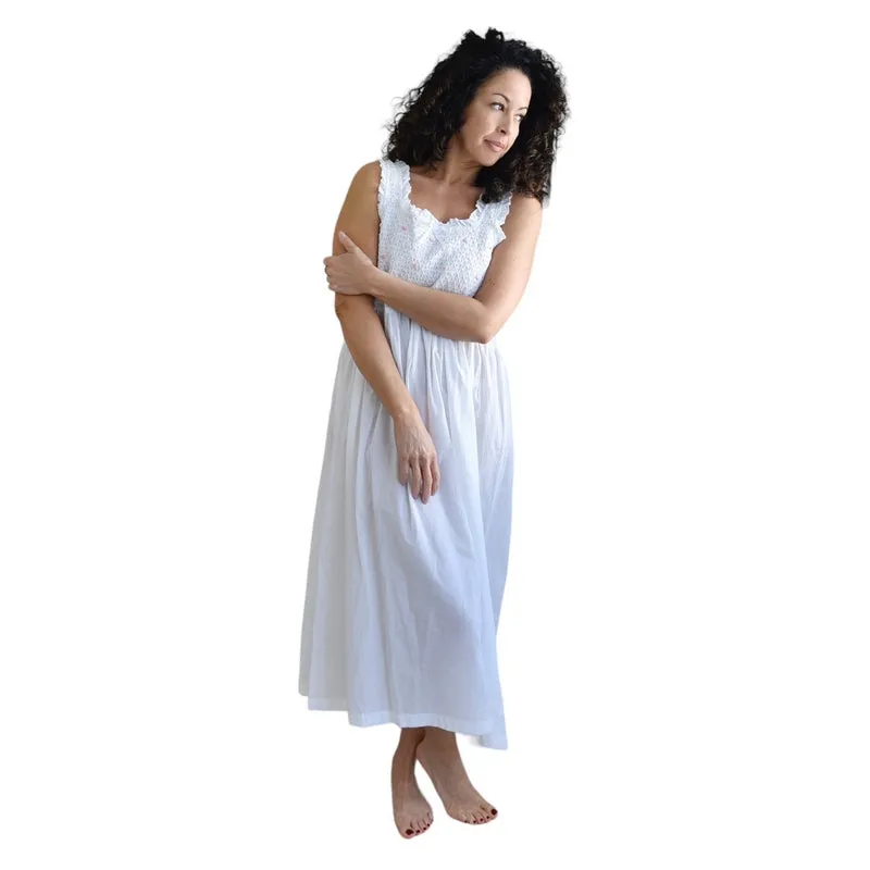 Ava Smocked Bodice Strappy Nightdress White with Pink Rosebuds