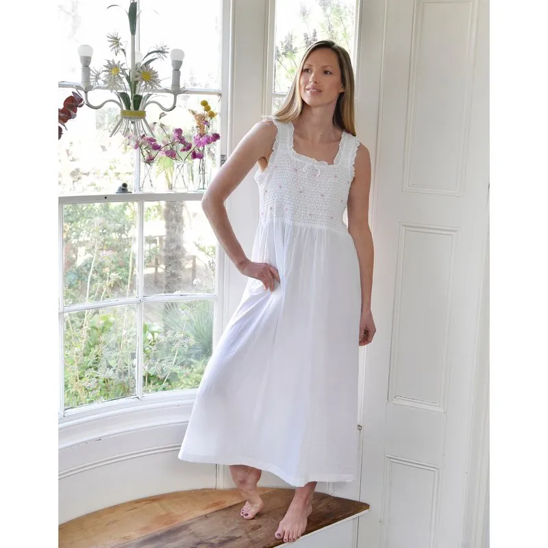 Ava Smocked Bodice Strappy Nightdress White with Pink Rosebuds