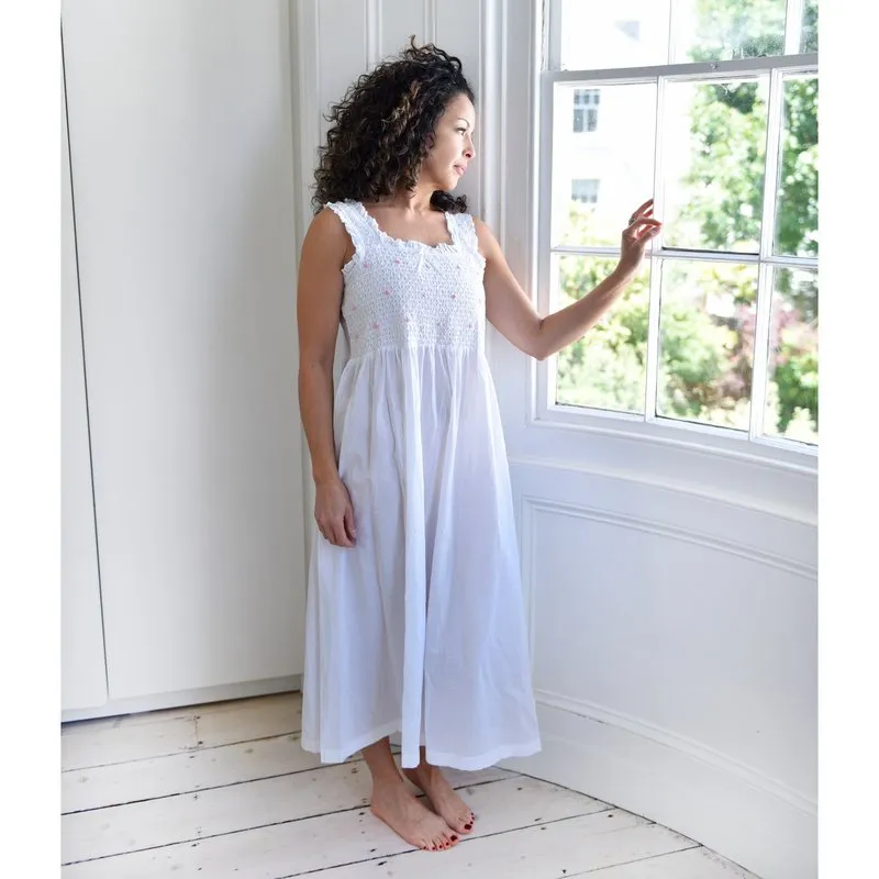 Ava Smocked Bodice Strappy Nightdress White with Pink Rosebuds