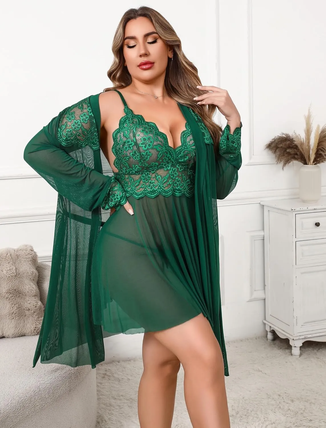 Avidlove Plus Size Lingerie Sexy Lingerie Set Women's Exotic Nightgowns Lace Chemise Lingerie Side Slit Nightdress