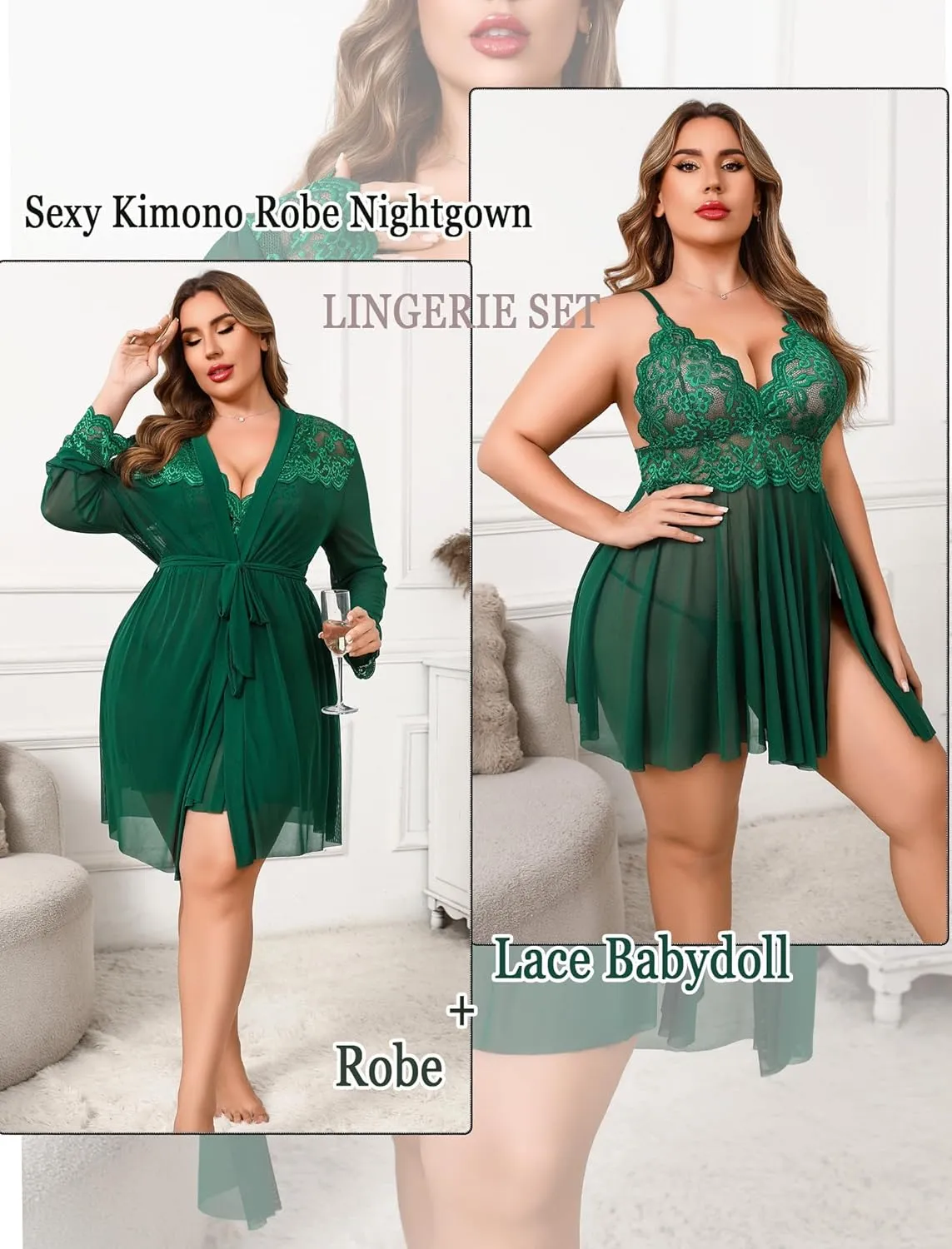 Avidlove Plus Size Lingerie Sexy Lingerie Set Women's Exotic Nightgowns Lace Chemise Lingerie Side Slit Nightdress