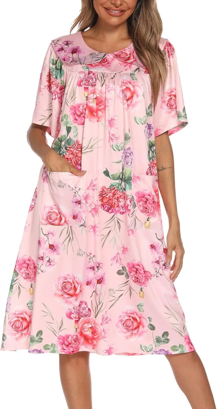 AVIIER House Dress Women Short Sleeve Mumu Lounge Dresses Patio Nightgowns with Pockets