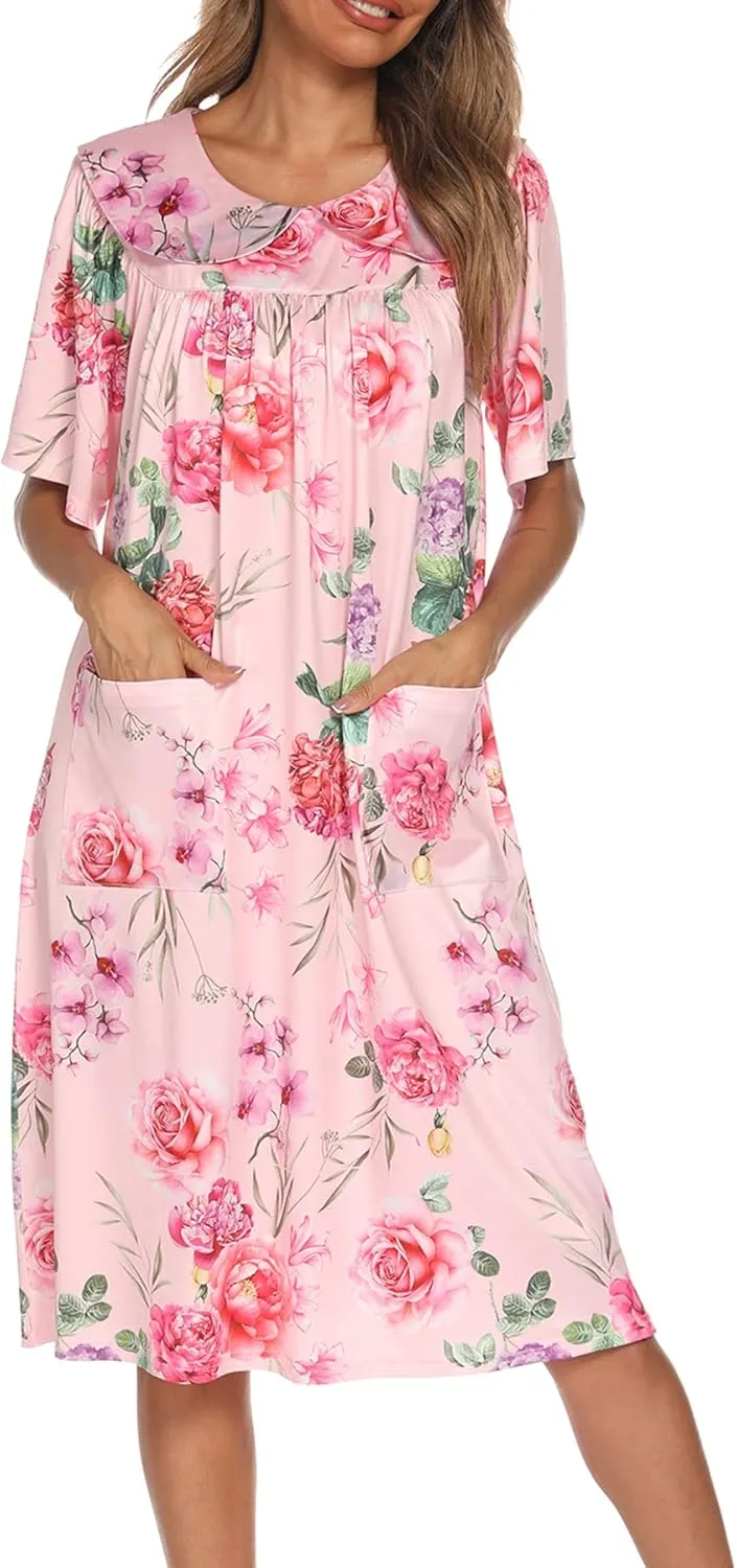 AVIIER House Dress Women Short Sleeve Mumu Lounge Dresses Patio Nightgowns with Pockets