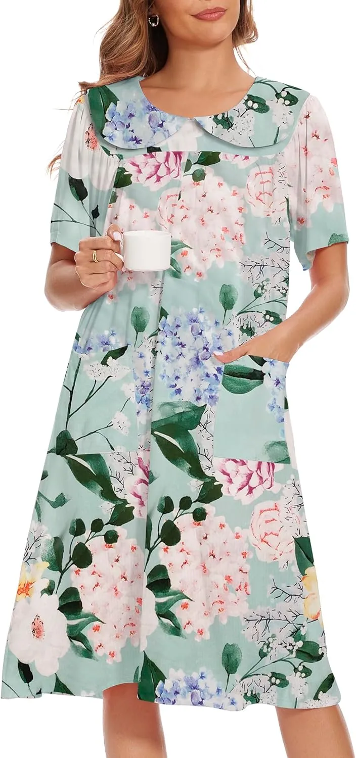 AVIIER House Dress Women Short Sleeve Mumu Lounge Dresses Patio Nightgowns with Pockets