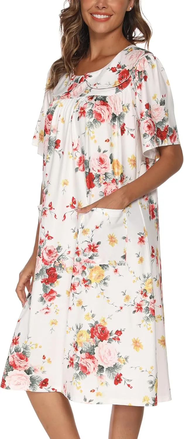 AVIIER House Dress Women Short Sleeve Mumu Lounge Dresses Patio Nightgowns with Pockets