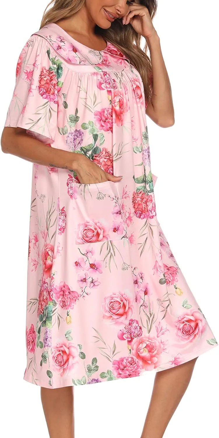 AVIIER House Dress Women Short Sleeve Mumu Lounge Dresses Patio Nightgowns with Pockets