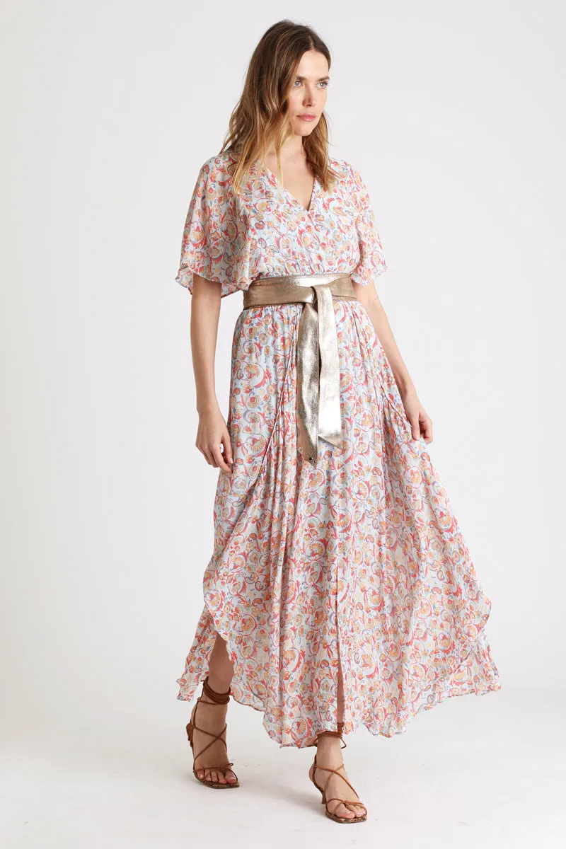 Berenice - Robe Longue En Viscose Biologique Et Soie Bleu Clair Et Rouge