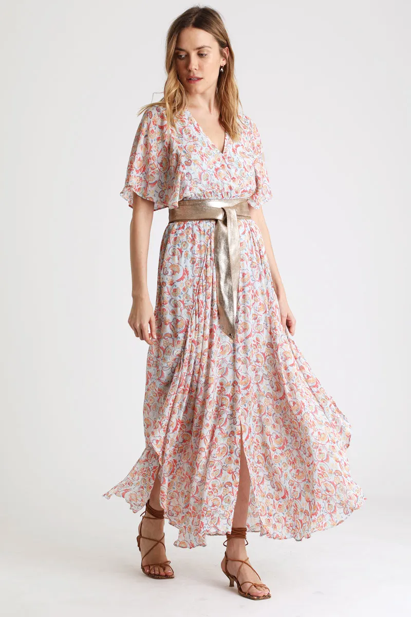 Berenice - Robe Longue En Viscose Biologique Et Soie Bleu Clair Et Rouge