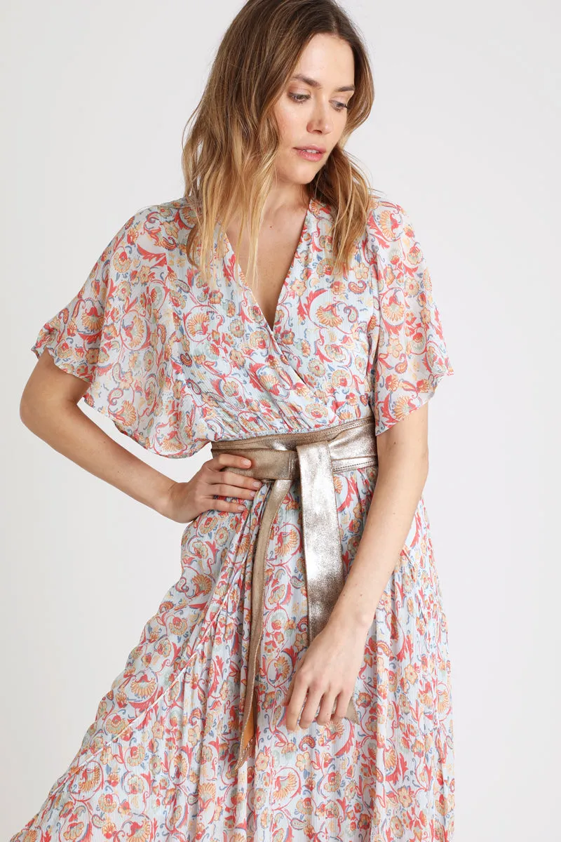 Berenice - Robe Longue En Viscose Biologique Et Soie Bleu Clair Et Rouge