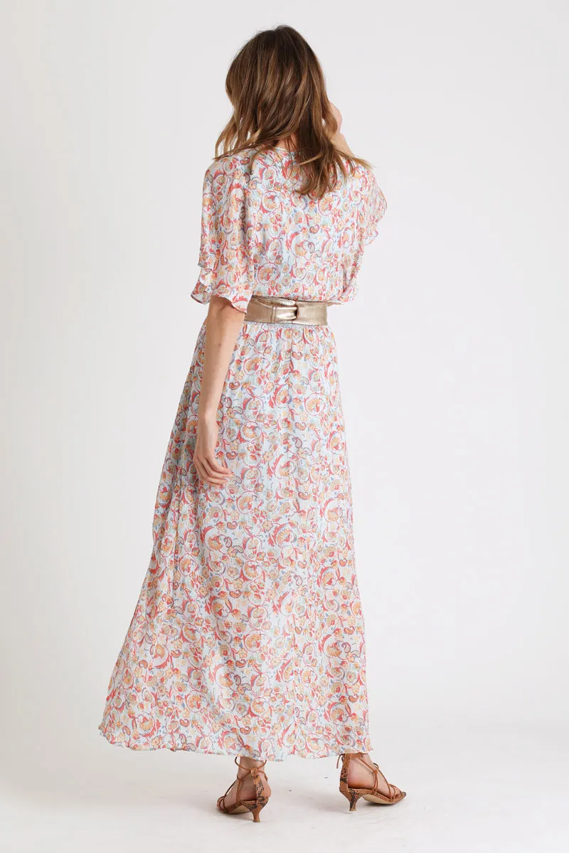 Berenice - Robe Longue En Viscose Biologique Et Soie Bleu Clair Et Rouge