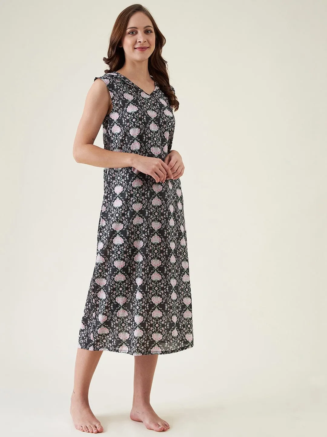 Black Floral Cotton Nightdress