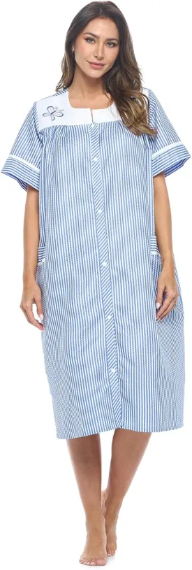 Casual Nights Women's Snap - Front House Dress Short Sleeve Woven Housecoat Duster Lounger Robe with Pockets