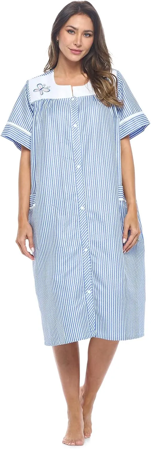 Casual Nights Women's Snap - Front House Dress Short Sleeve Woven Housecoat Duster Lounger Robe with Pockets