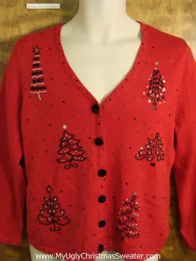 Cheap Red Tacky Bad Christmas Sweater with Trees