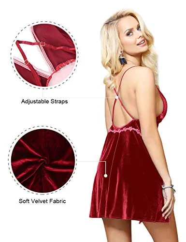 Christmas Women Velvet Babydoll Lingerie Set Split Negligee Full Slip Chemises Nightwear Sexy Nightdress