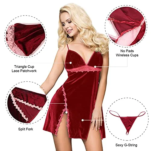 Christmas Women Velvet Babydoll Lingerie Set Split Negligee Full Slip Chemises Nightwear Sexy Nightdress