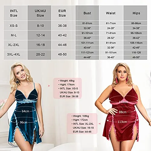 Christmas Women Velvet Babydoll Lingerie Set Split Negligee Full Slip Chemises Nightwear Sexy Nightdress