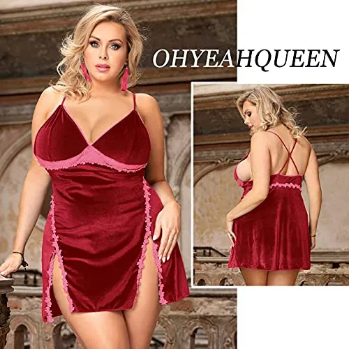 Christmas Women Velvet Babydoll Lingerie Set Split Negligee Full Slip Chemises Nightwear Sexy Nightdress