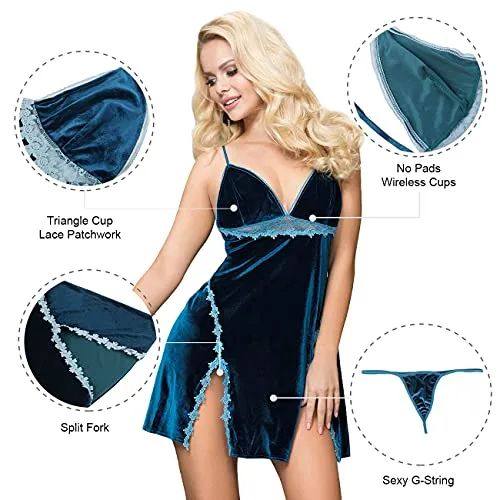 Christmas Women Velvet Babydoll Lingerie Set Split Negligee Full Slip Chemises Nightwear Sexy Nightdress