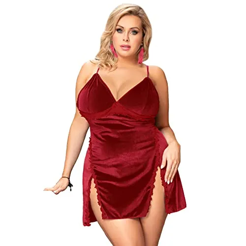 Christmas Women Velvet Babydoll Lingerie Set Split Negligee Full Slip Chemises Nightwear Sexy Nightdress