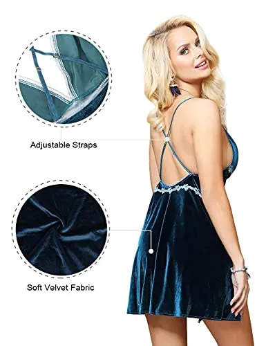 Christmas Women Velvet Babydoll Lingerie Set Split Negligee Full Slip Chemises Nightwear Sexy Nightdress