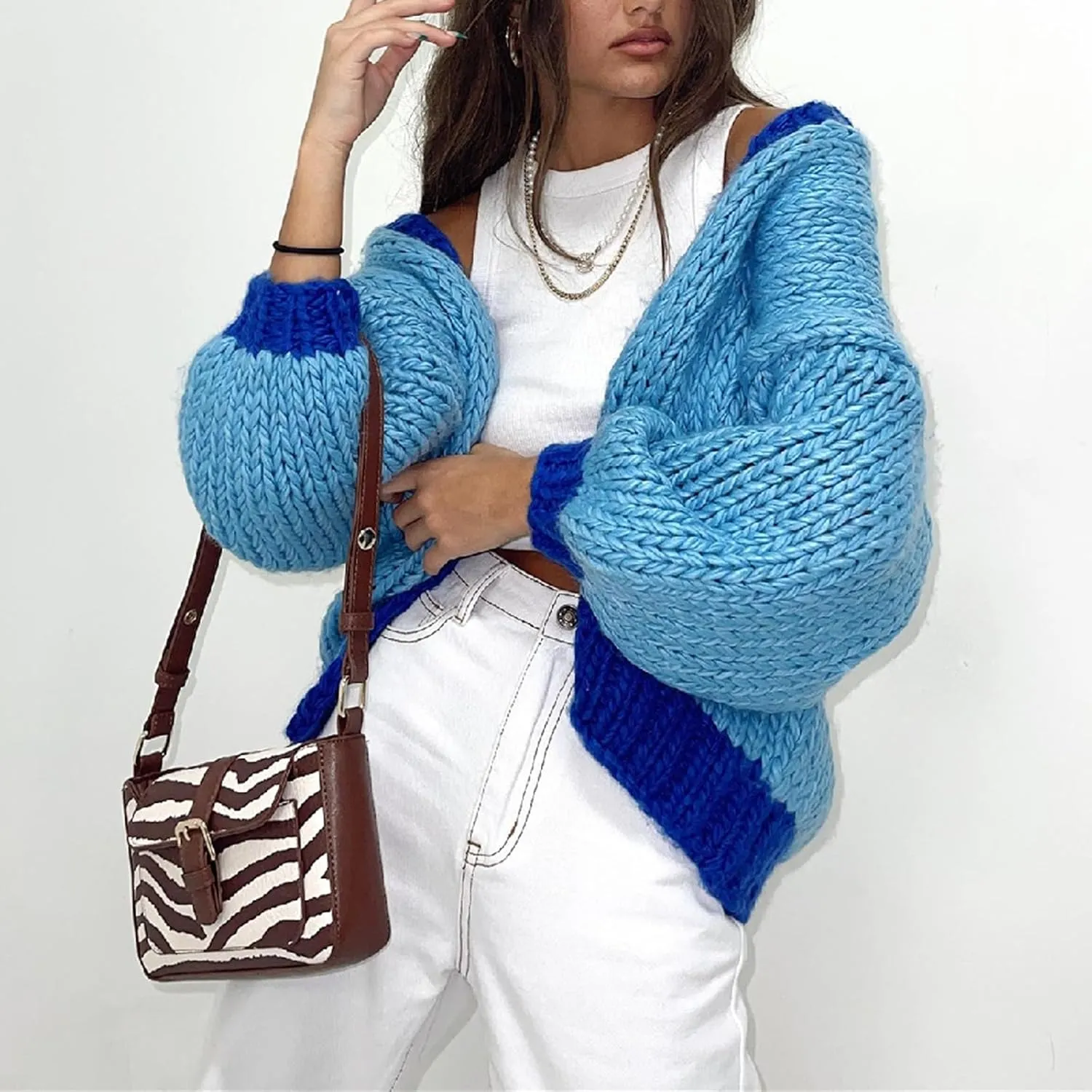 Chunky Cropped Cardigan for Women Open Front Long Sleeve Cable Knit Oversized Sweater Cute Cardigans for Teen Girls