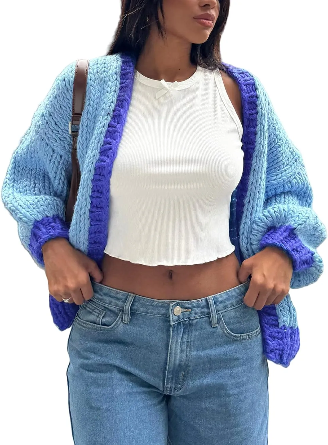 Chunky Cropped Cardigan for Women Open Front Long Sleeve Cable Knit Oversized Sweater Cute Cardigans for Teen Girls