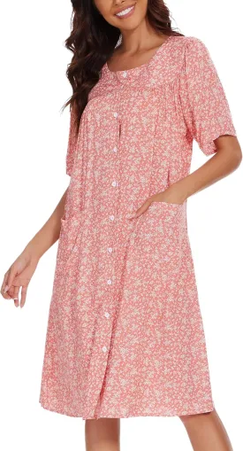 COSUNIONY House Dresses for Women Cotton Short Sleeve House Coat Buttons Down Dusters Robe with Pockets S-XXL