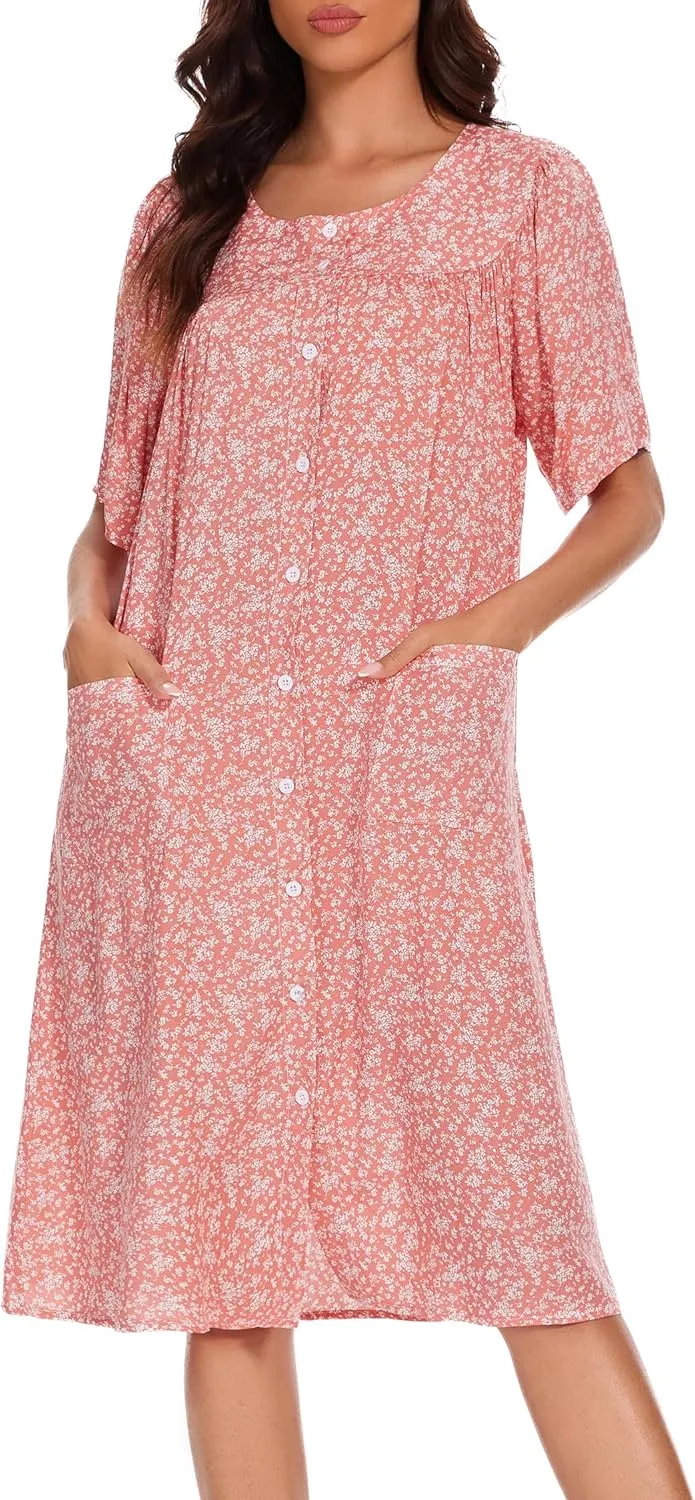 COSUNIONY House Dresses for Women Cotton Short Sleeve House Coat Buttons Down Dusters Robe with Pockets S-XXL