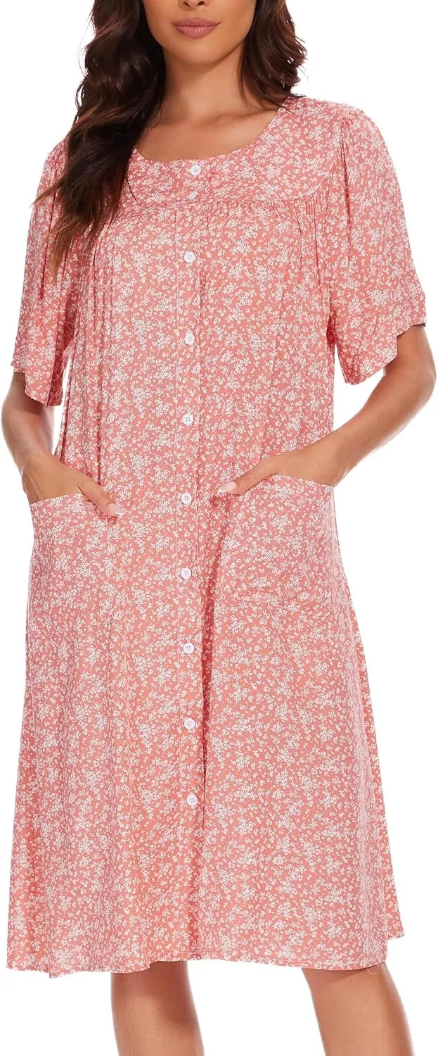 COSUNIONY House Dresses for Women Cotton Short Sleeve House Coat Buttons Down Dusters Robe with Pockets S-XXL