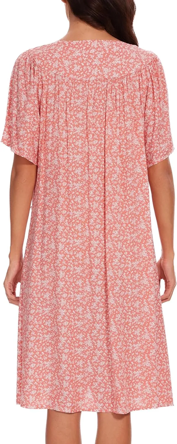 COSUNIONY House Dresses for Women Cotton Short Sleeve House Coat Buttons Down Dusters Robe with Pockets S-XXL