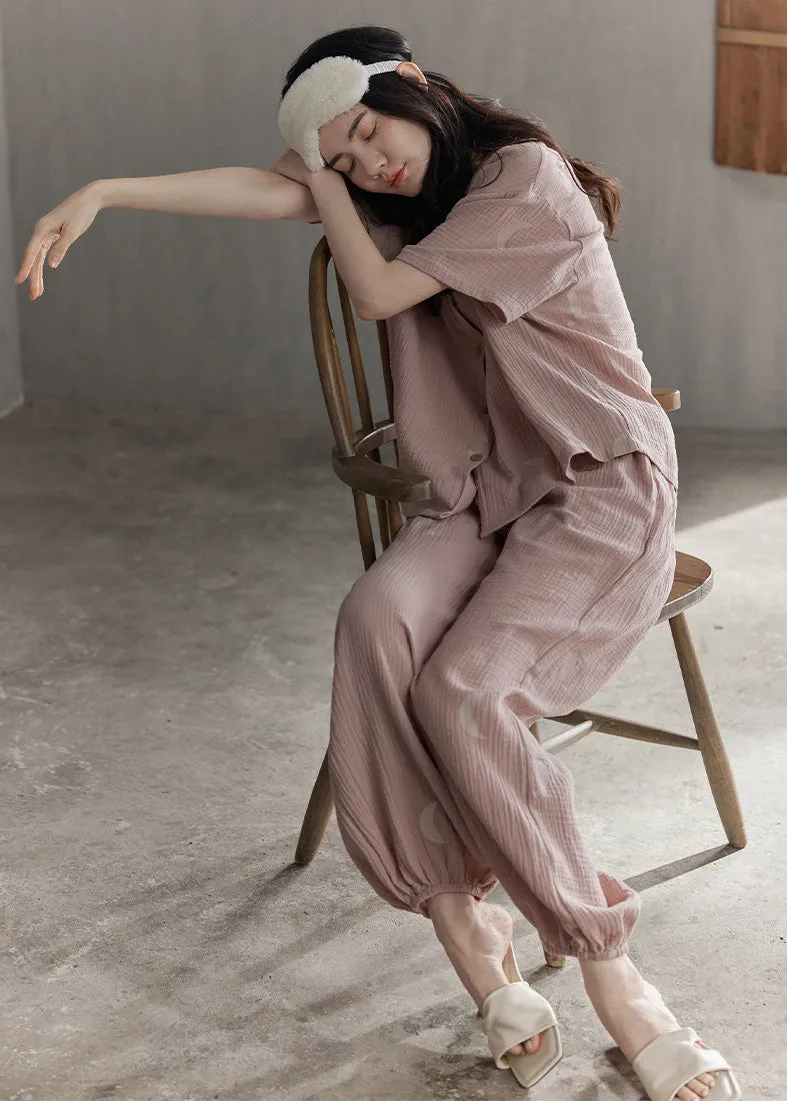 Cute Pink Notched Print Button Cotton Pajamas Two Pieces Set Summer TO1018