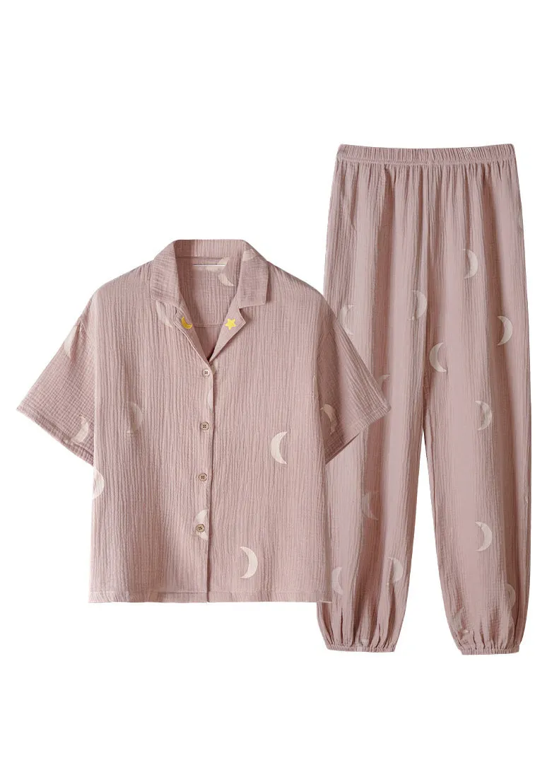 Cute Pink Notched Print Button Cotton Pajamas Two Pieces Set Summer TO1018