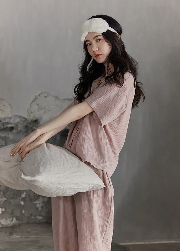 Cute Pink Notched Print Button Cotton Pajamas Two Pieces Set Summer TO1018