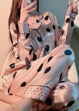 Cute Pink Peter Pan Collar Dot Print Button Ice Silk Pajamas Two Pieces Set Long Sleeve TO1006