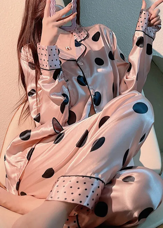 Cute Pink Peter Pan Collar Dot Print Button Ice Silk Pajamas Two Pieces Set Long Sleeve TO1006