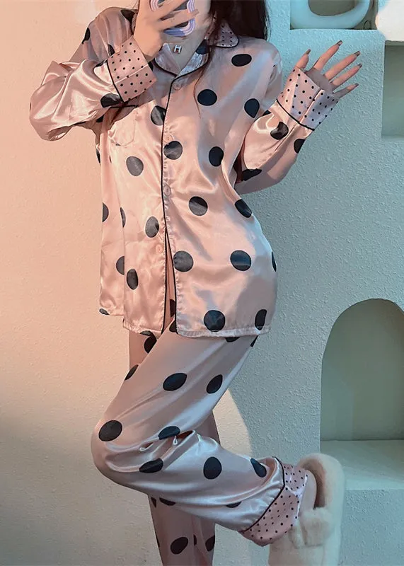 Cute Pink Peter Pan Collar Dot Print Button Ice Silk Pajamas Two Pieces Set Long Sleeve TO1006
